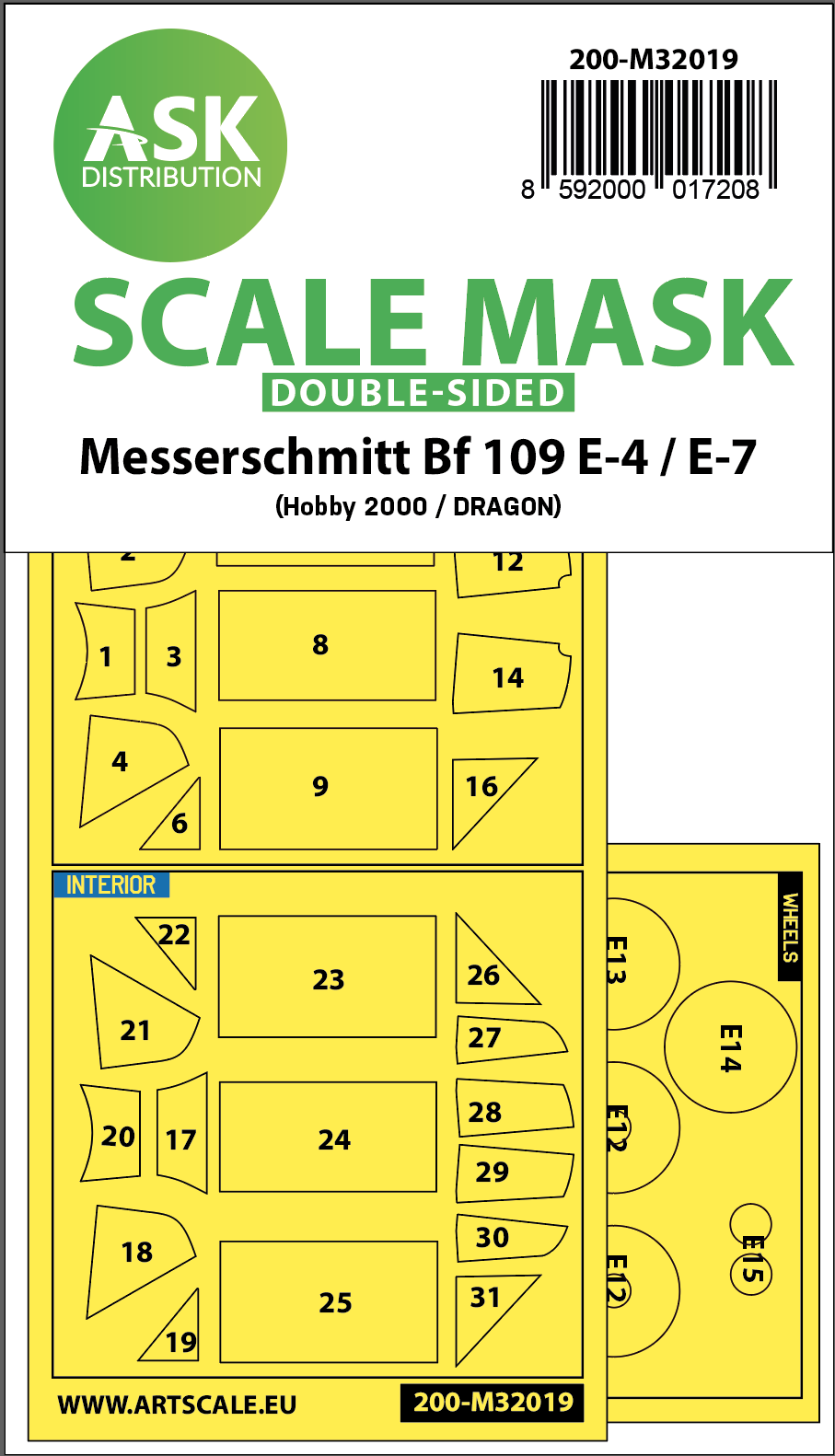 Art Scale 200-M32019 1:32 Messerschmitt Bf-109E-4 & Bf-109E-7 wheels and canopy frame paint masks