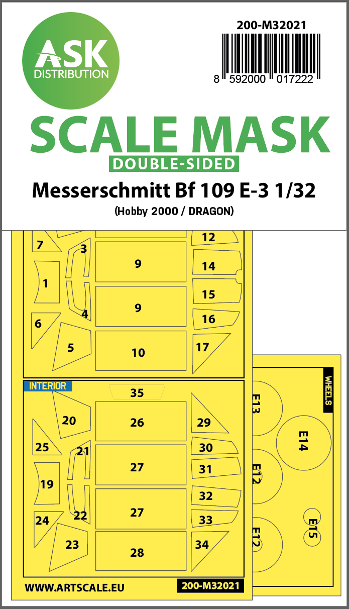 Art Scale 200-M32021 1:32 Messerschmitt Bf-109E-3 wheels and canopy frame paint masks