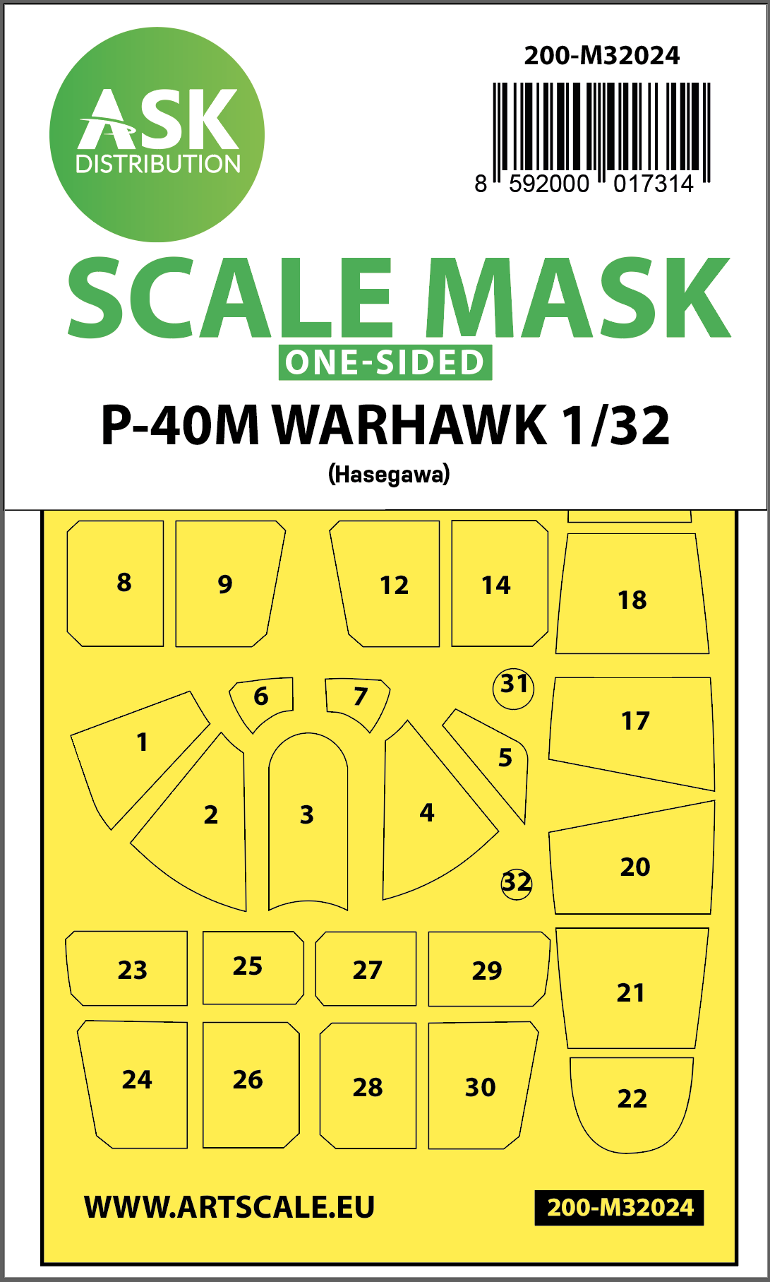 Art Scale 200-M32024 1:32 Curtiss P-40M Warhawk canopy frame paint masks