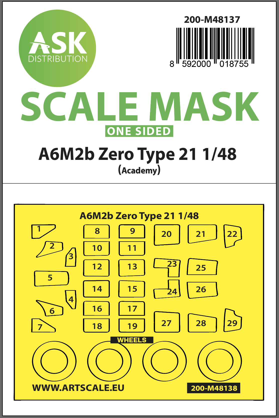 Art Scale 200-M48137 1:48 Mitsubishi A6M2b Zero Type 21 wheels and canopy frame paint mask