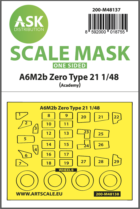Art Scale 200-M48137 1:48 Mitsubishi A6M2b Zero Type 21 wheels and canopy frame paint mask