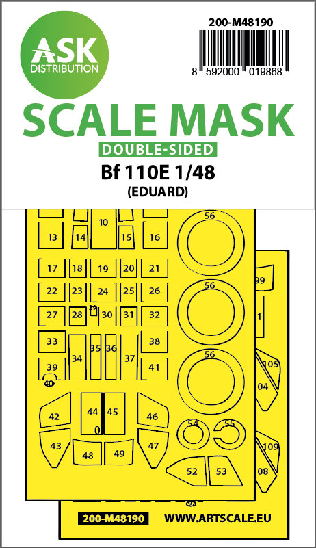 Art Scale 200-M48190 1:48 Messerschmitt Bf-110E wheels and canopy frame paint mask