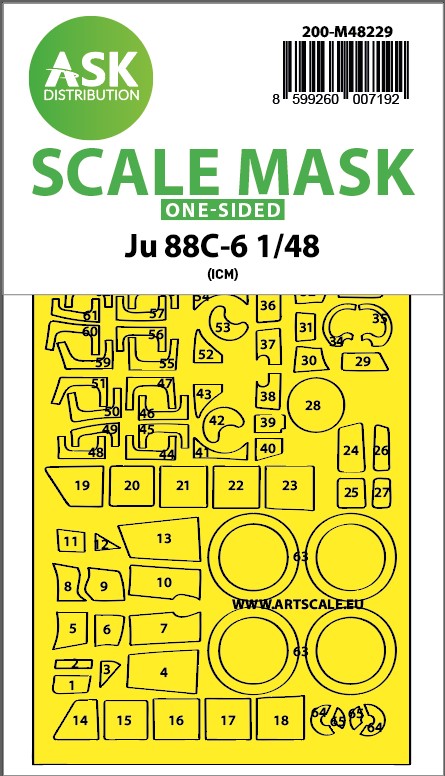 Art Scale 200-M48229 1:48 Junkers Ju-88C-6 wheels and canopy  paint mask