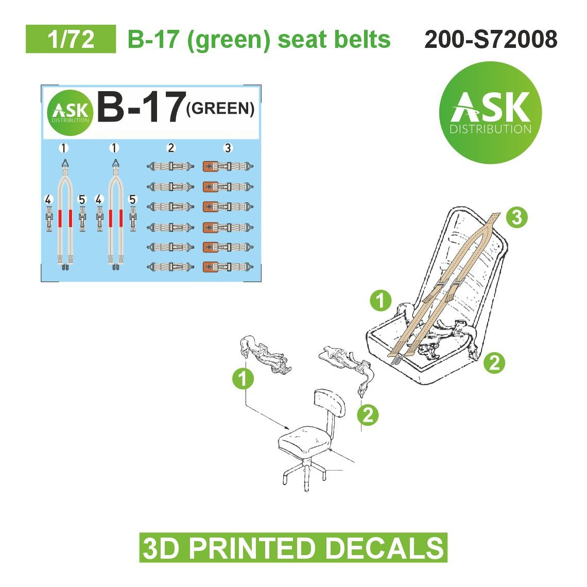 Art Scale 200-S72008 1:72 Boeing B-17 (green) seat belts - 3D-printed decals