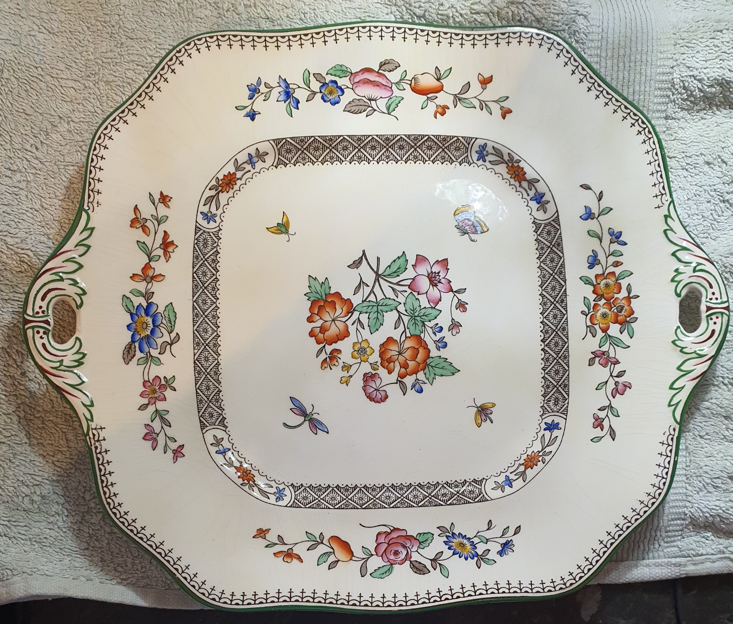 Vintage Copeland Spode 29cm Cake Plate w/Handles Flowers Butterflies Dragonfly S.3323