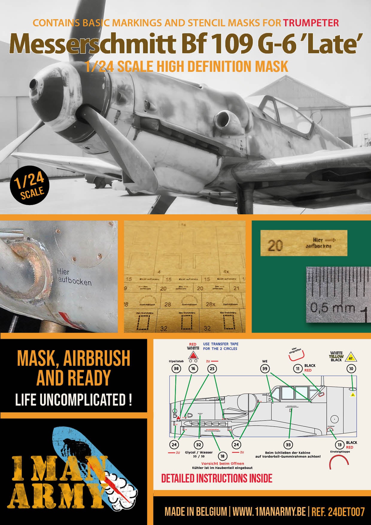 1ManArmy 24DET007 1:24 Messerschmitt Bf-109G-6 Late High Definition Airbrush Masks