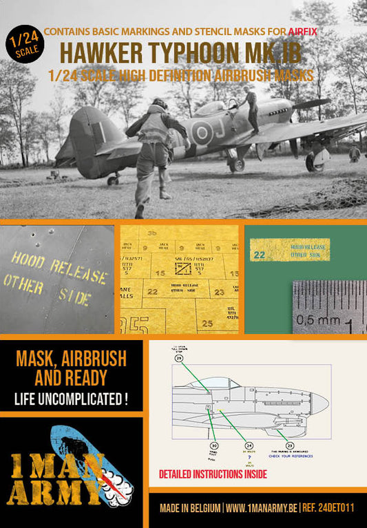 1ManArmy 24DET011 1:24 Hawker Typhoon Mk.IB Bubble Canopy High Definition Airbrush Masks