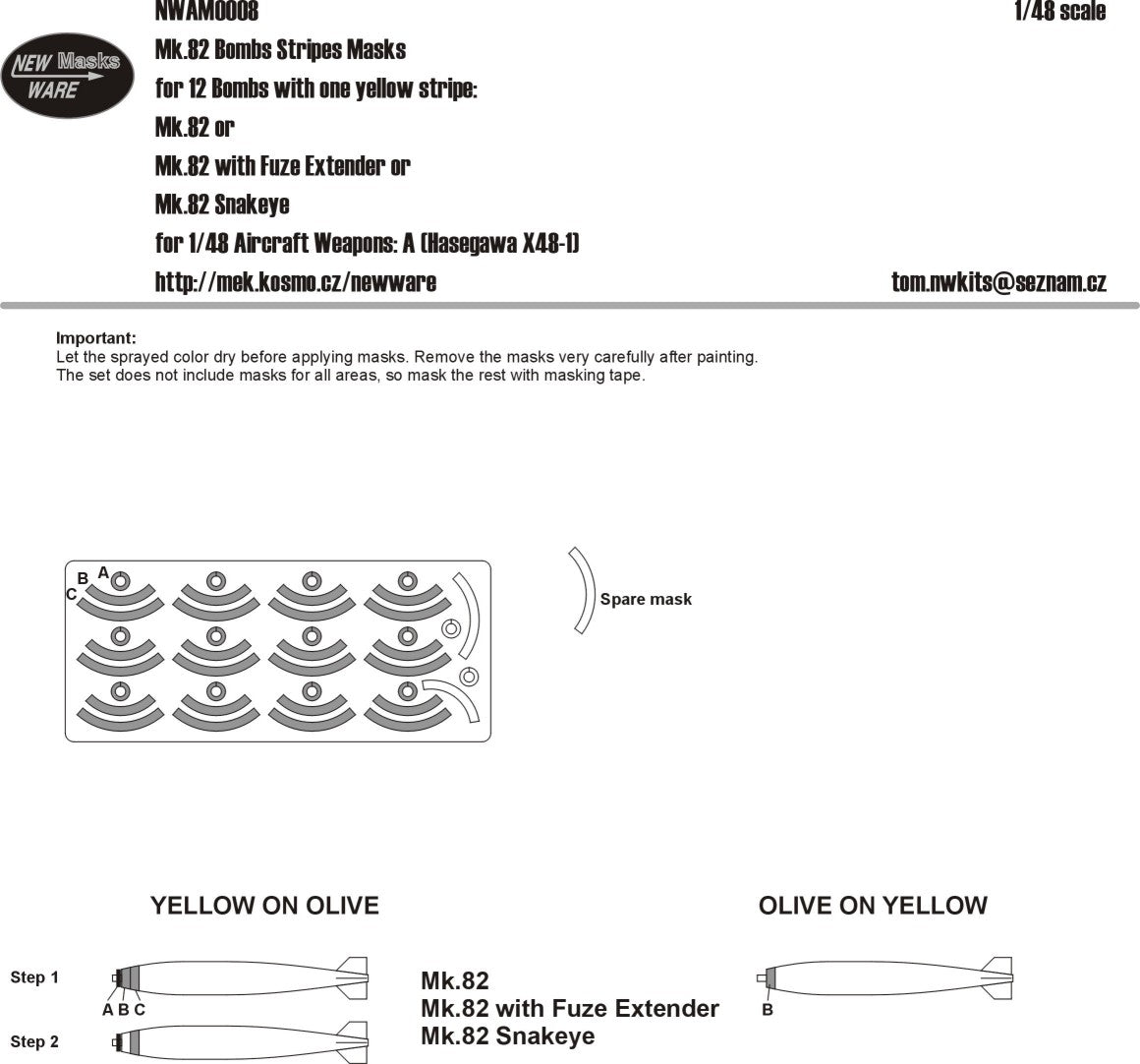 New Ware NWAM0008 1:48 Mk-82 Bombs Stripes 'one yellow stripe'