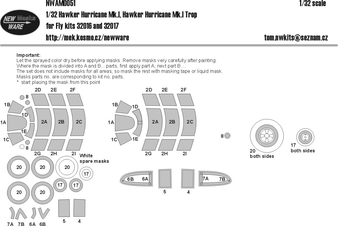New Ware NWAM0051 1:32 Hawker Hurricane Mk.Ib/tropical canopy and wheel paint masks