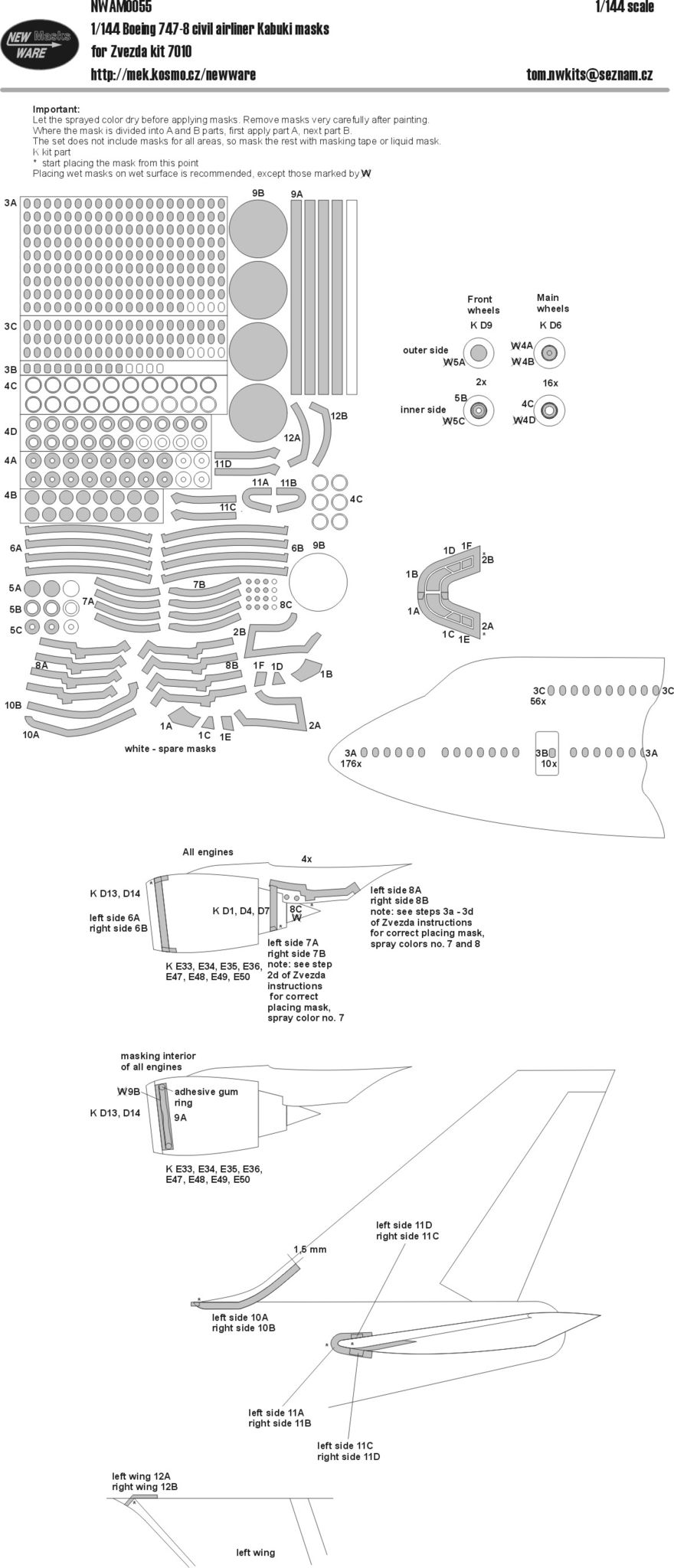 New Ware NWAM0055 1:144 Boeing 747-8 civil airliner cabin windows and frames, engines, leadings endges of wings and rudders