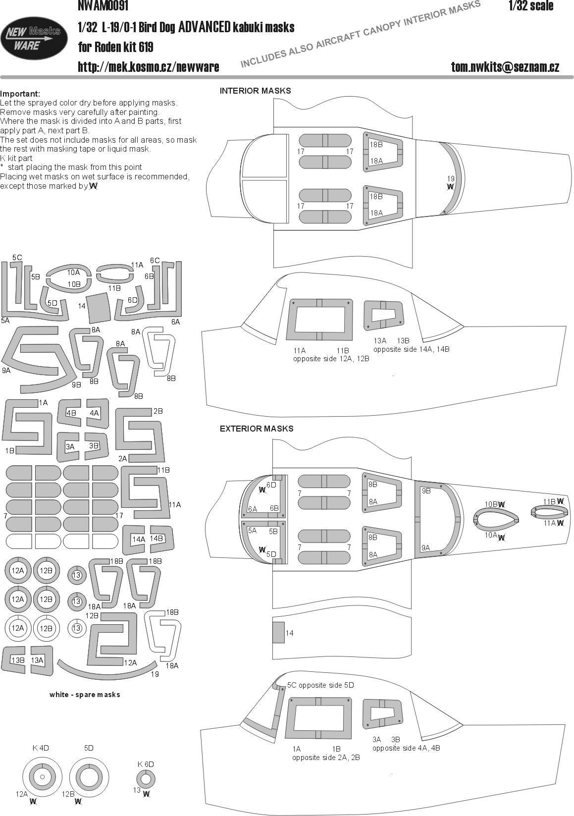 New Ware NWAM0091 1:32 Cessna L-19/O-1 Bird Dog Bird Dog EXPERT masks