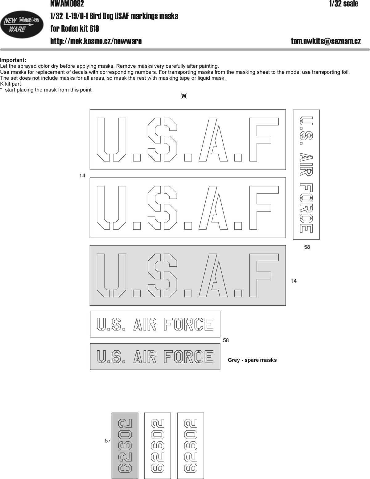 New Ware NWAM0092 1:32 Cessna L.19/O-1 Bird Dog USAF marking masks