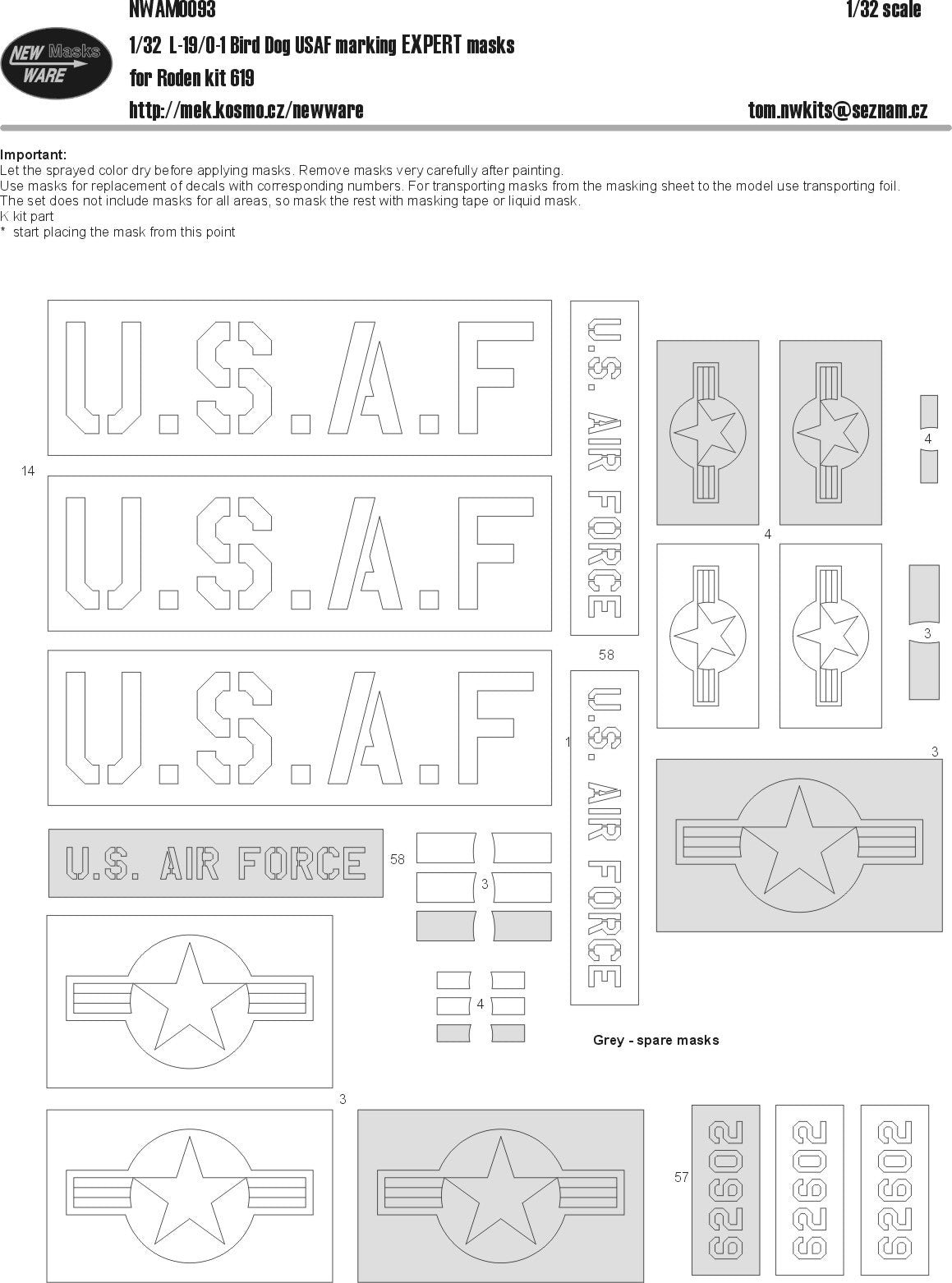 New Ware NWAM0093 1:32 Cessna L.19/O-1 Bird Dog USAF marking EXPERT masks