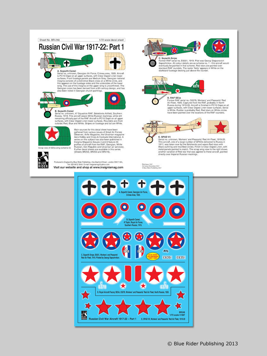 Blue Rider BR-248 1:72 Soviet Civil War 1917-22. 2 Sopwith Camels, Sopwith Snipe, Royal_Aircraft_Factory S.E.5a and Spad VIIC.Iof RAF, Georgian and Red Air Arms