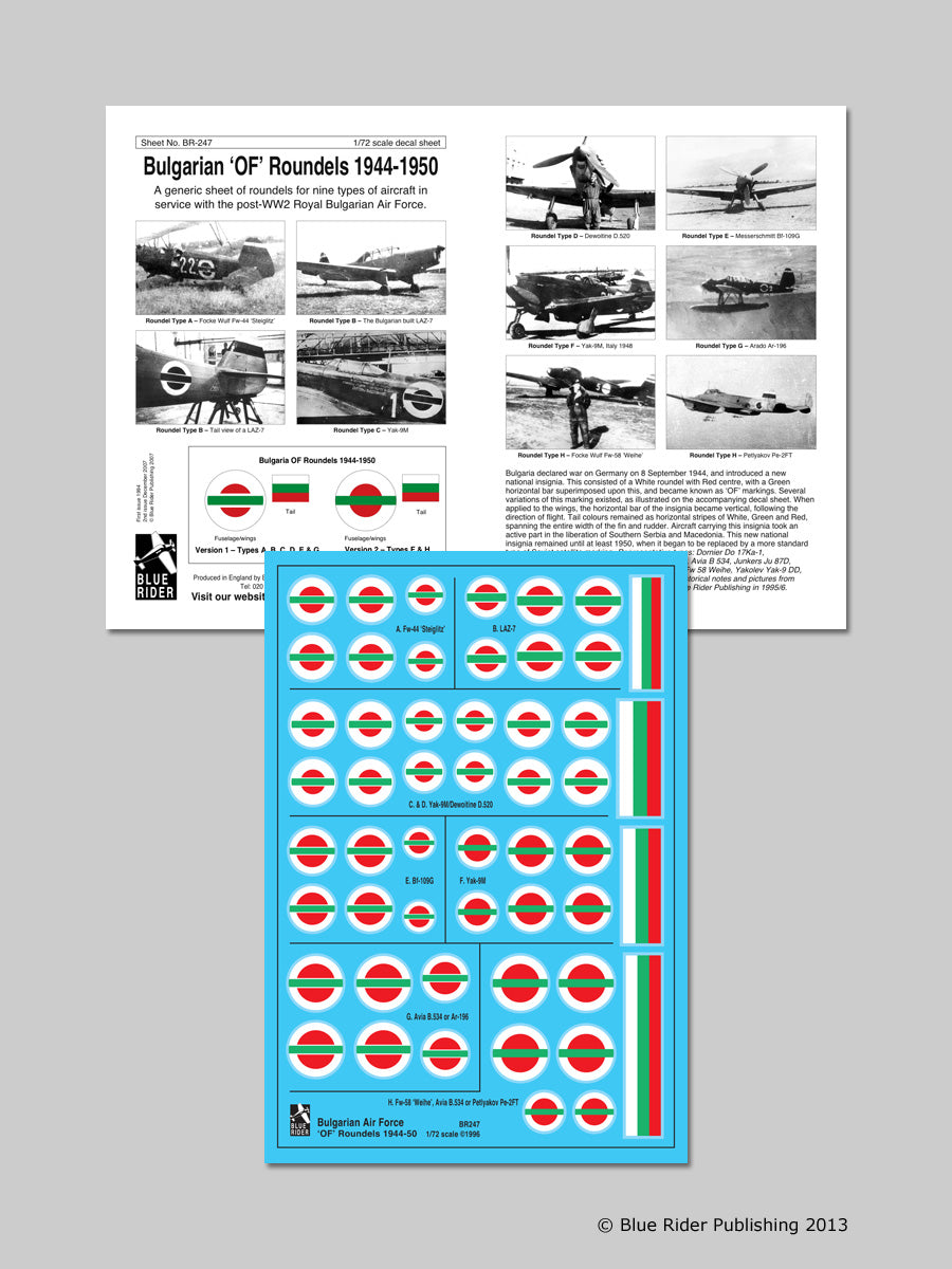 Blue Rider BR-247 1:72 Bulgarian Air Force 'OF' National Insignia/Roundels 1944-50 Sizes for 7 aircraft types