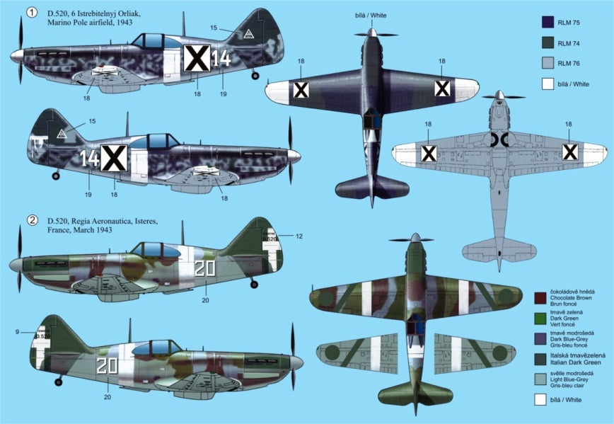 RS Models 92091 1:72 Dewoitine D.520 Decals France, Italy and Bulgaria