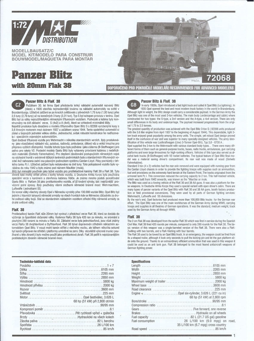 MAC Distribution 72068 1:72 Opel Blitz 3t with Flak 38