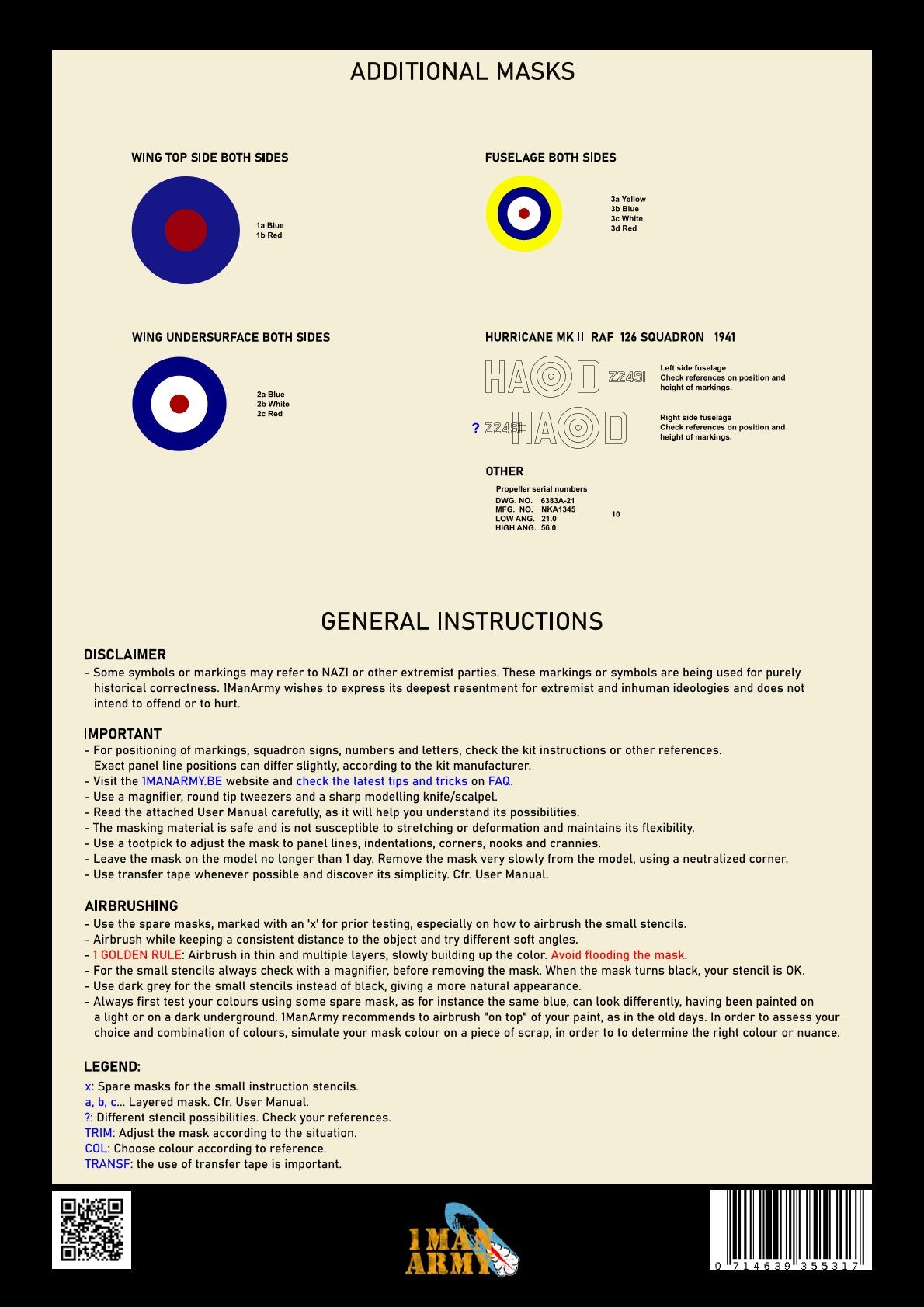 1ManArmy 32DET002 1:32 Hawker Hurricane Mk.II RAF 1941 High Definition Stencilling & National Insignia Paint Masks