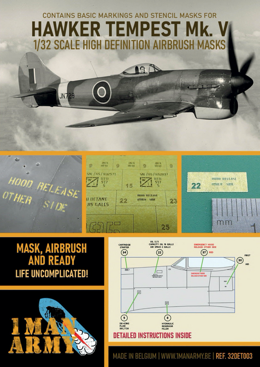 1ManArmy 32DET003 1:32 Hawker Tempest Mk.V RAF1 High Definition Stencilling & National Insignia Paint Masks