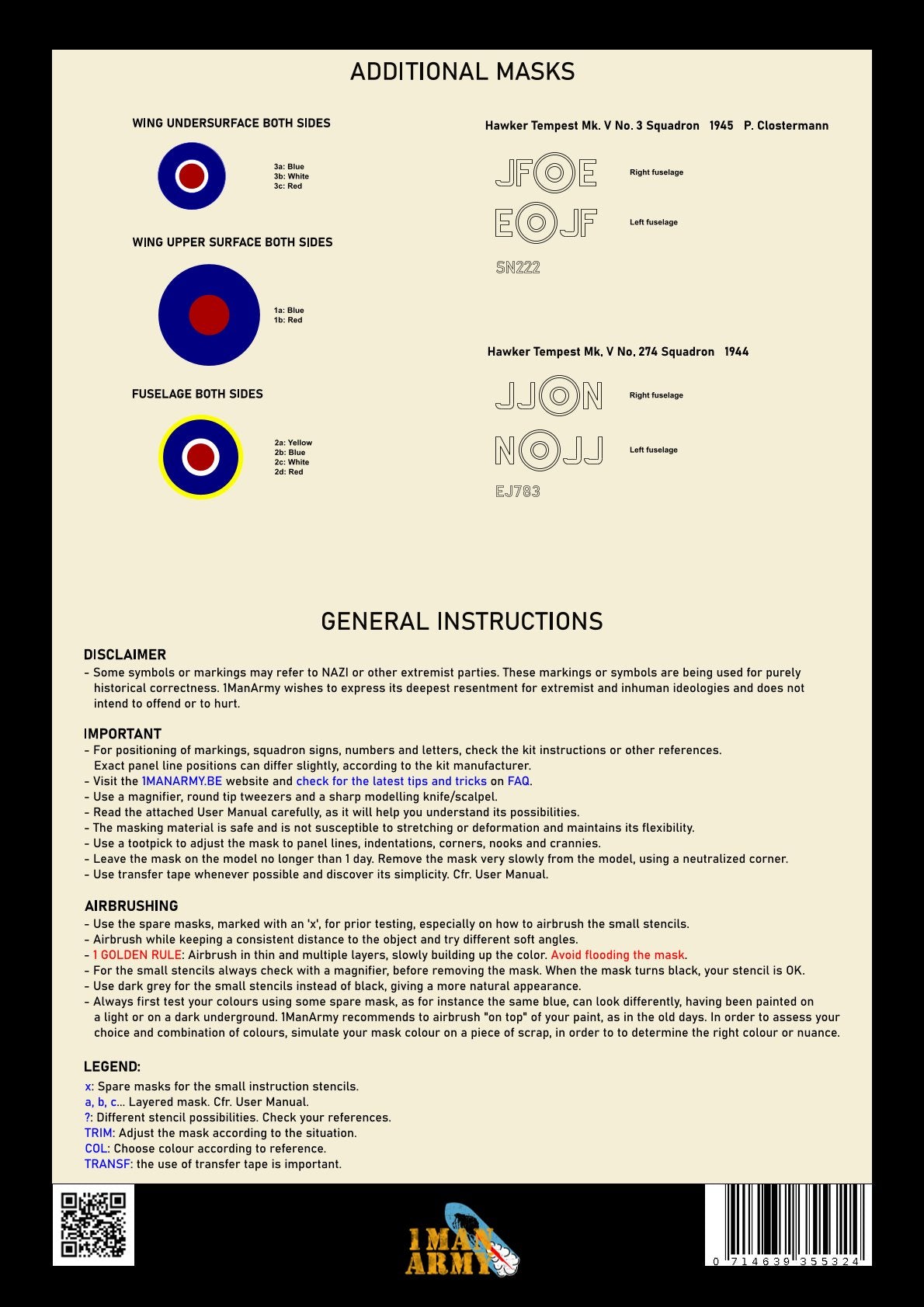 1ManArmy 32DET003 1:32 Hawker Tempest Mk.V RAF1 High Definition Stencilling & National Insignia Paint Masks