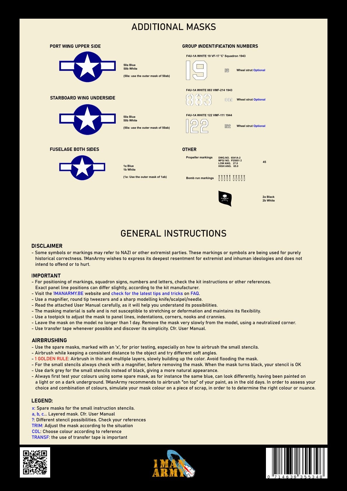 1ManArmy 32DET005 1:32 Vought F4U-1A Corsair High Definition Stencilling & National Insignia Paint Masks