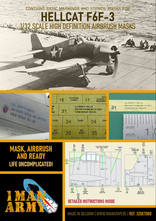 1ManArmy 32DET008 1:32 Grumman F6F-3 Hellcat Early High Definition Stencilling & National Insignia Paint Masks