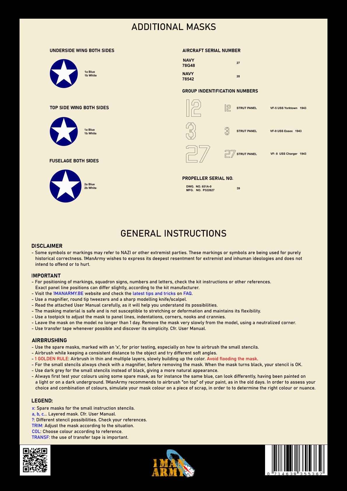 1ManArmy 32DET008 1:32 Grumman F6F-3 Hellcat Early High Definition Stencilling & National Insignia Paint Masks