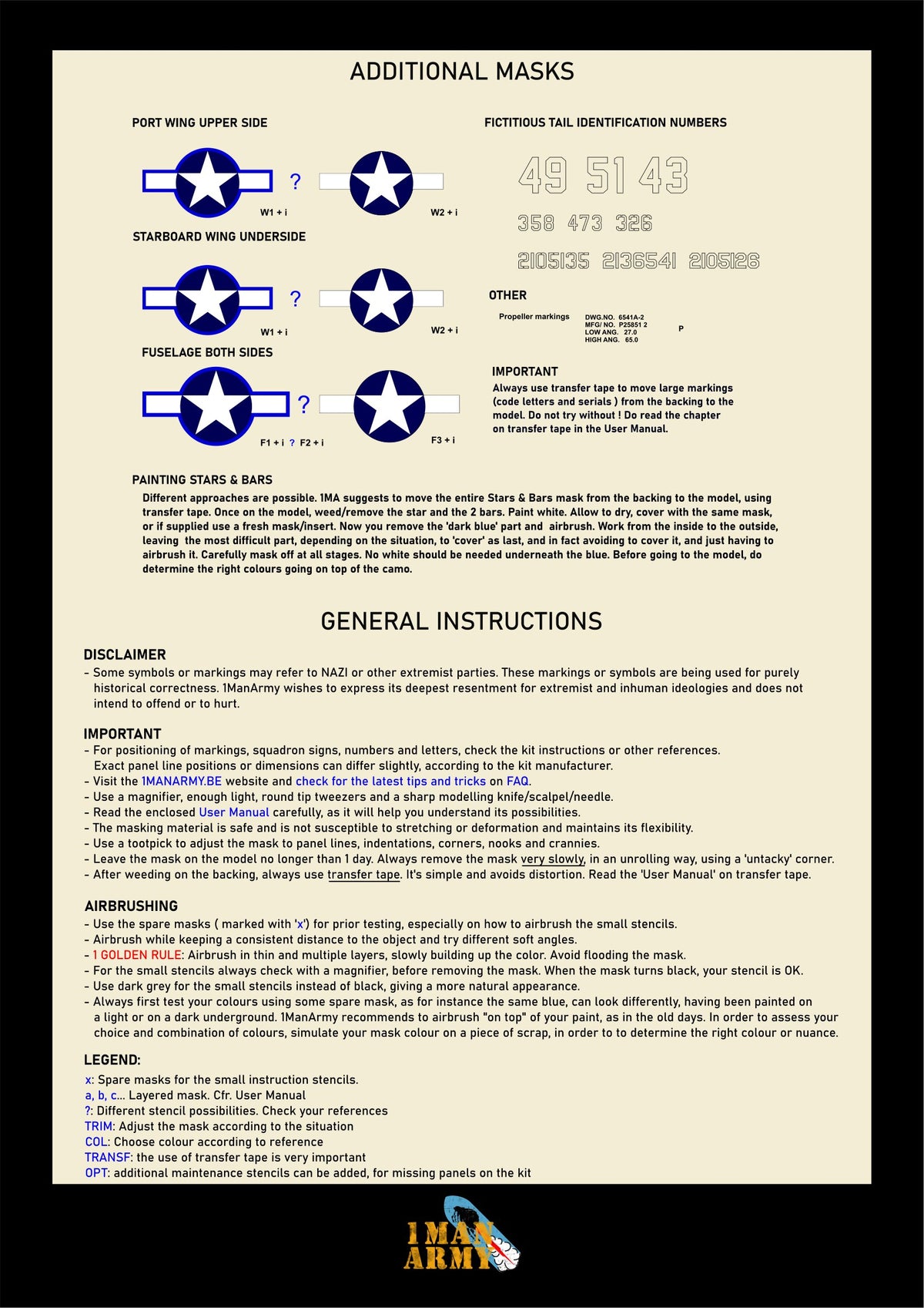 1ManArmy 32DET009 1:32 Curtiss P-40N Warhawk High Definition Stencilling and Basic National Insignia Paint Masks