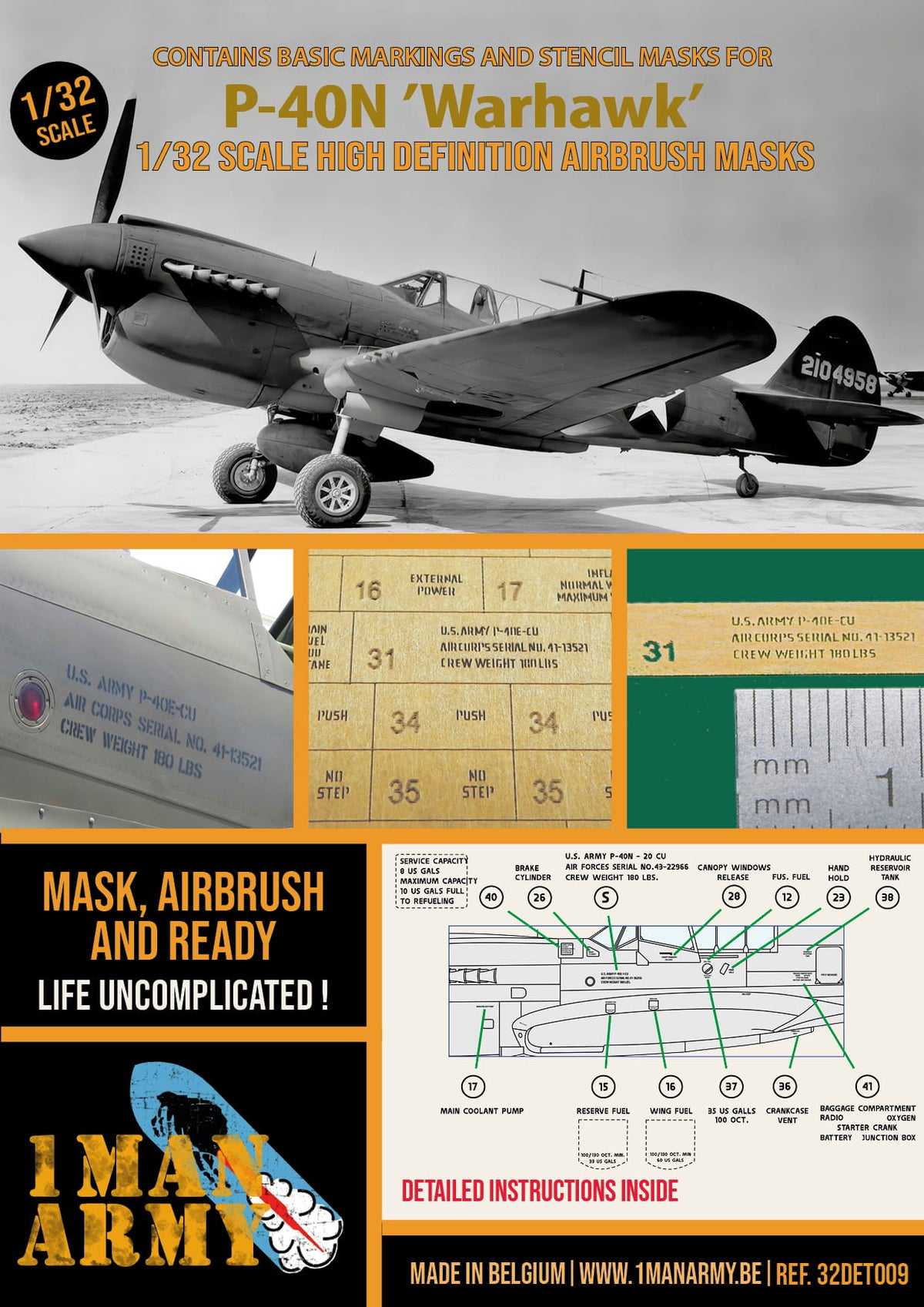 1ManArmy 32DET009 1:32 Curtiss P-40N Warhawk High Definition Stencilling and Basic National Insignia Paint Masks