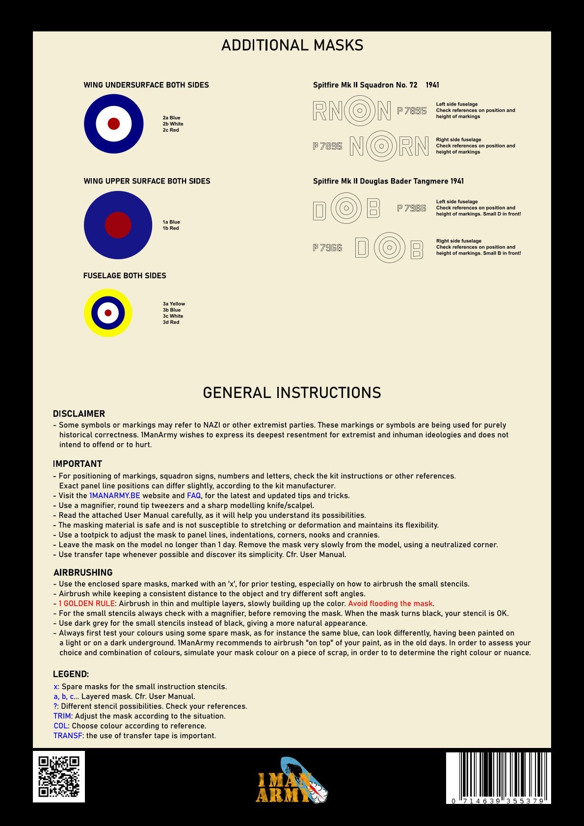 1ManArmy 32DET013 1:32 Supermarine Spitfire Mk.I/Mk.II RAF 1941/42 High Definition Stencilling & National Insignia Paint Masks