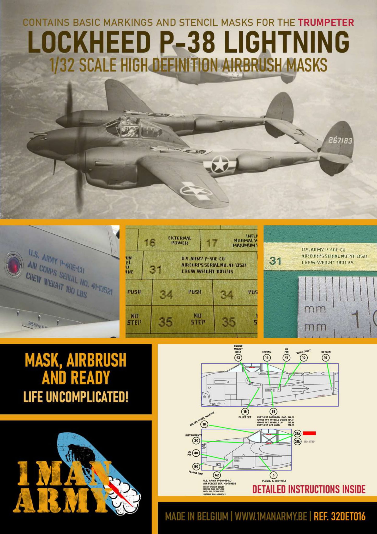 1ManArmy 32DET016 1:32 Lockheed P-38L Lightning High Definition Stencilling & National Insignia Paint Masks