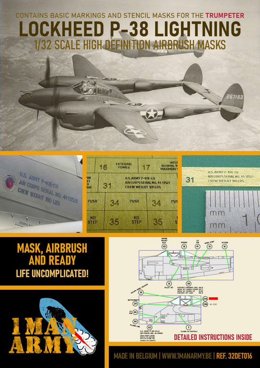 1ManArmy 32DET016 1:32 Lockheed P-38L Lightning High Definition Stencilling & National Insignia Paint Masks