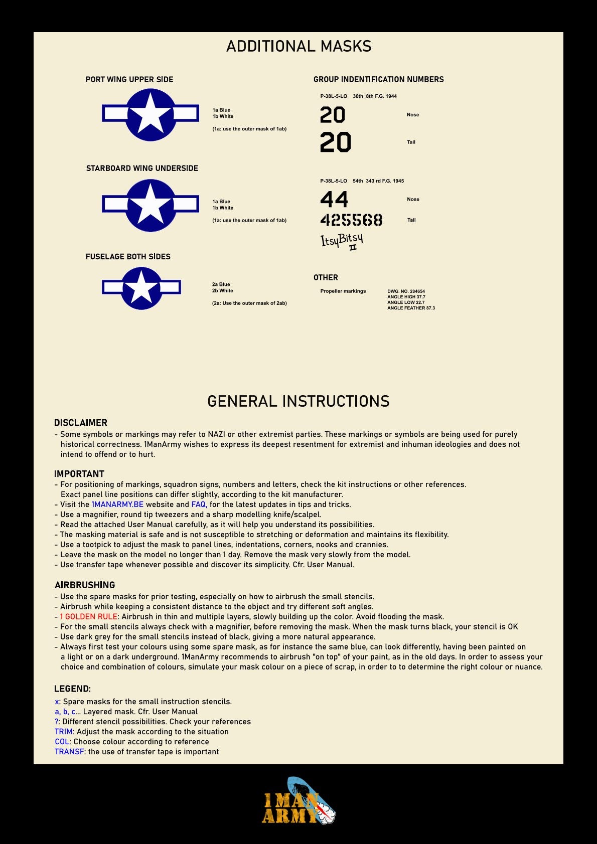 1ManArmy 32DET016 1:32 Lockheed P-38L Lightning High Definition Stencilling & National Insignia Paint Masks