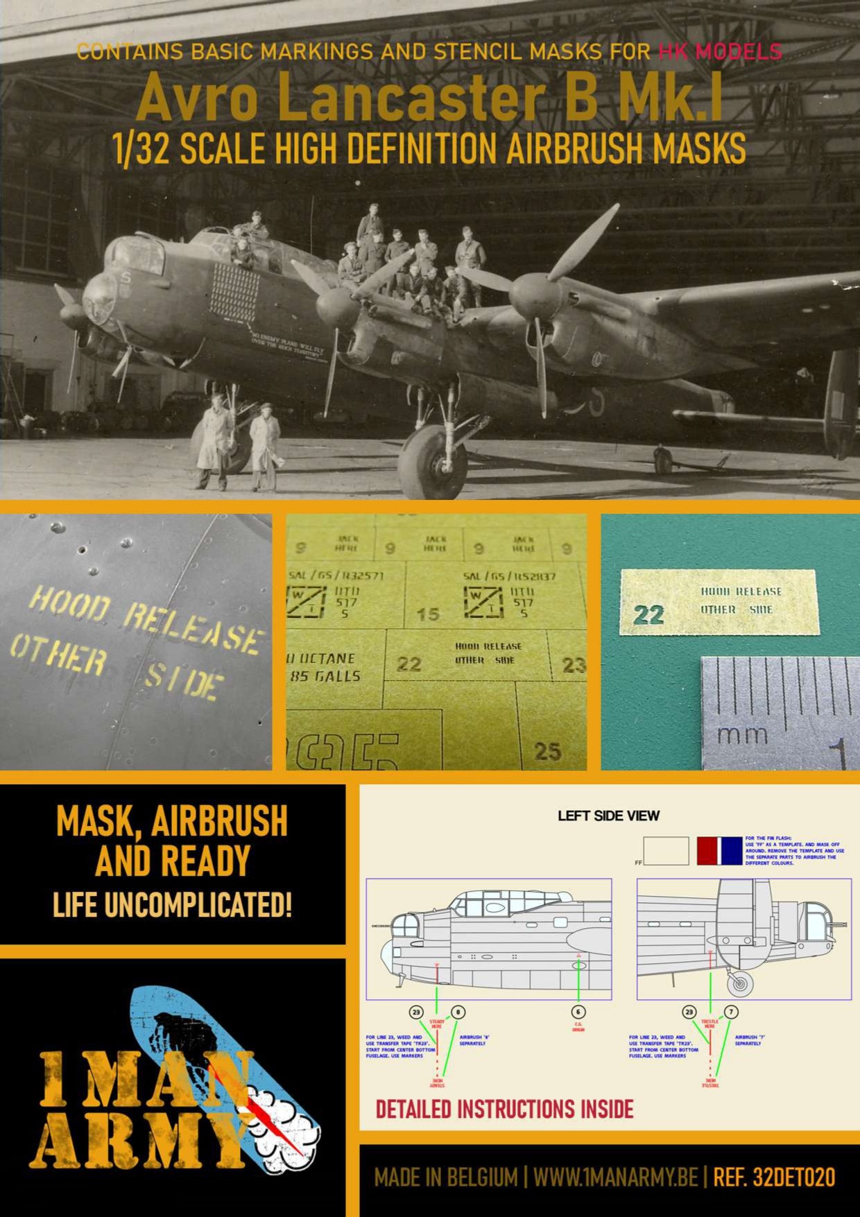 1ManArmy 32DET020 1:32 Avro Lancaster B Mk.I High Definition Stencilling & National Insignia Paint Masks