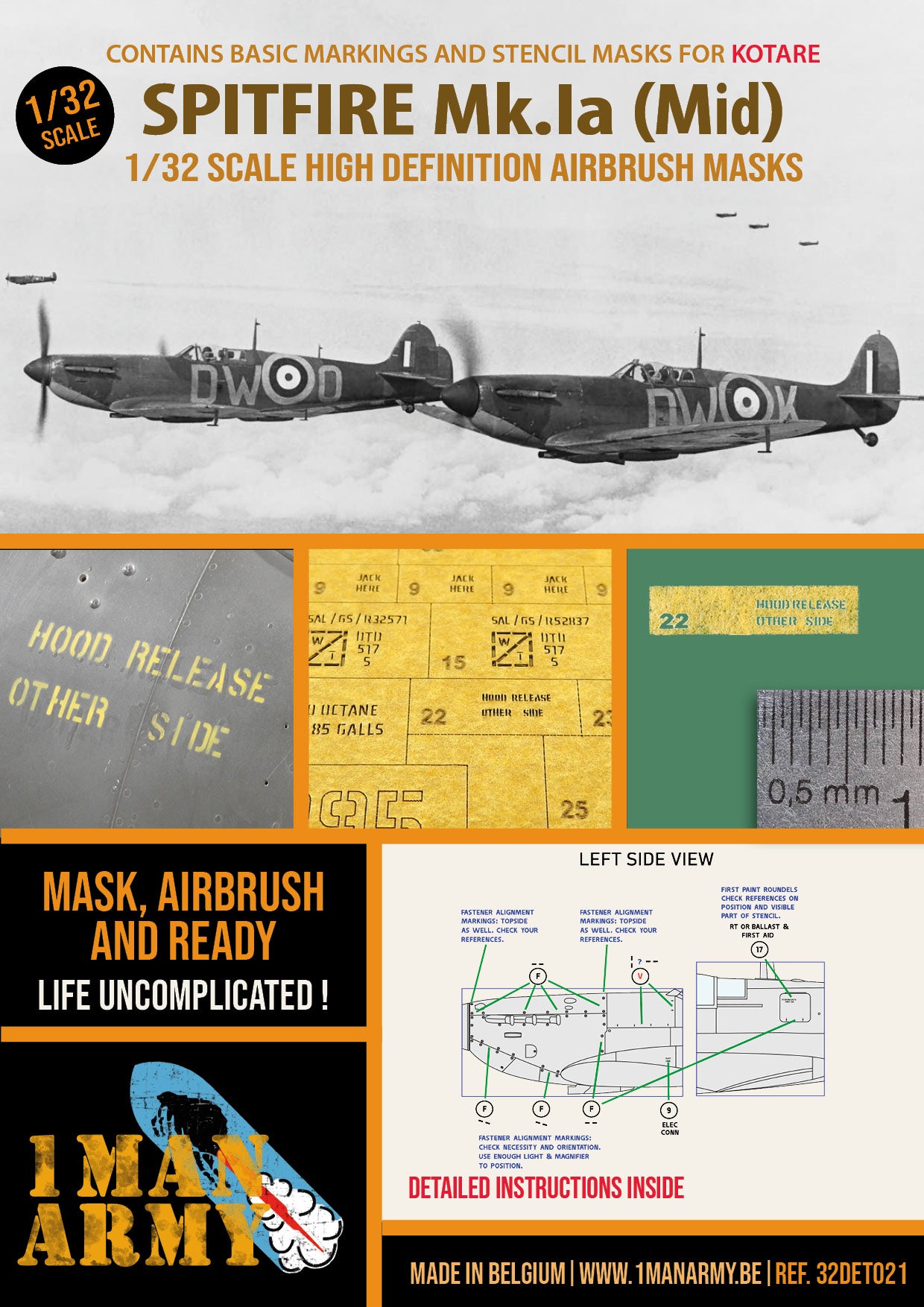 1ManArmy 32DET021 1:32 Supermarine Spitfire Mk.Ia (Mid) High Definition Stencilling & National Insignia Paint Masks