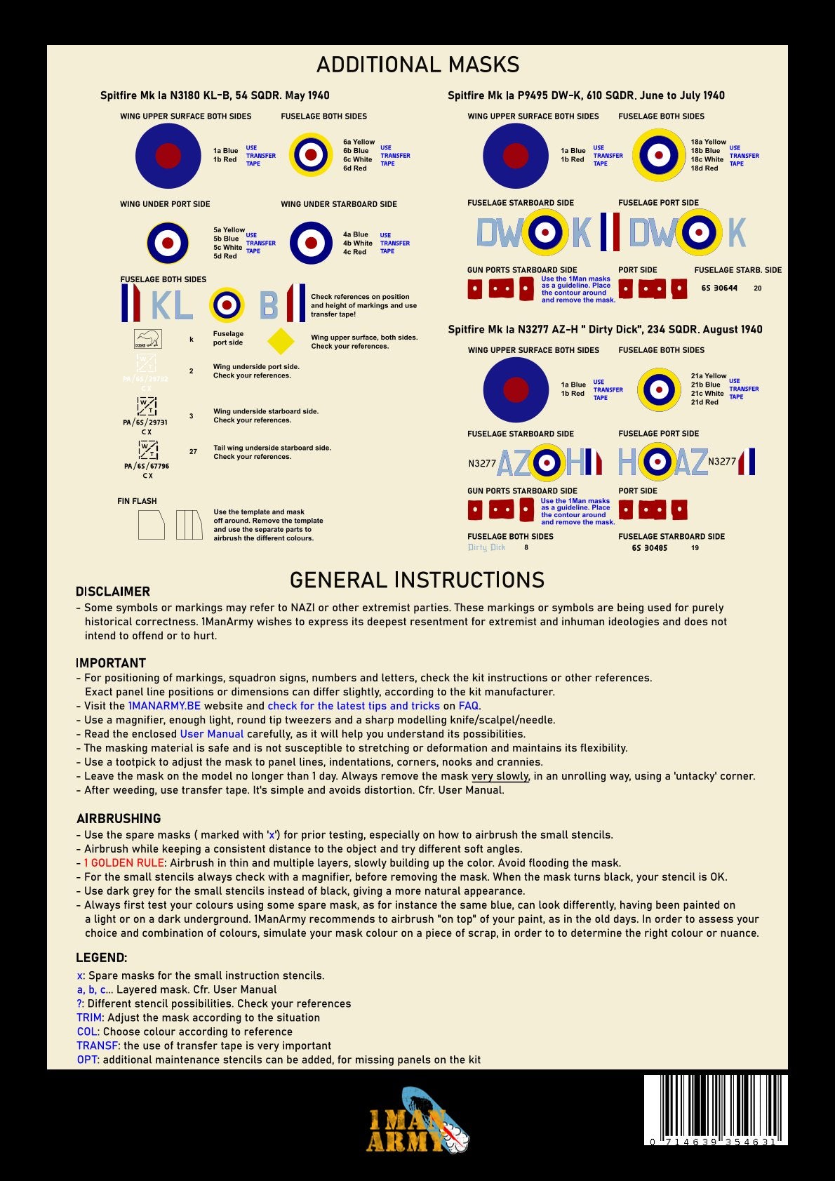 1ManArmy 32DET021 1:32 Supermarine Spitfire Mk.Ia (Mid) High Definition Stencilling & National Insignia Paint Masks