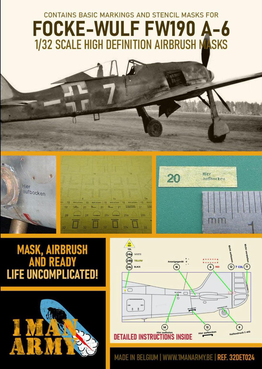 1ManArmy 32DET024 1:32 Focke-Wulf Fw-190A-6 High Definition Stencilling & National Insignia Paint Masks