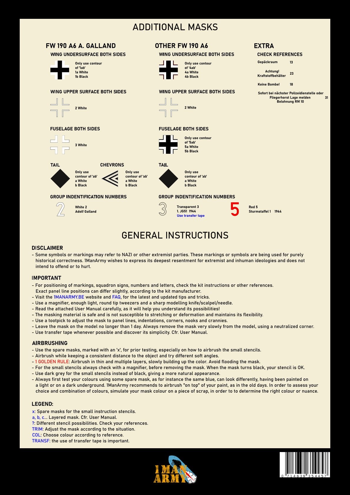 1ManArmy 32DET024 1:32 Focke-Wulf Fw-190A-6 High Definition Stencilling & National Insignia Paint Masks