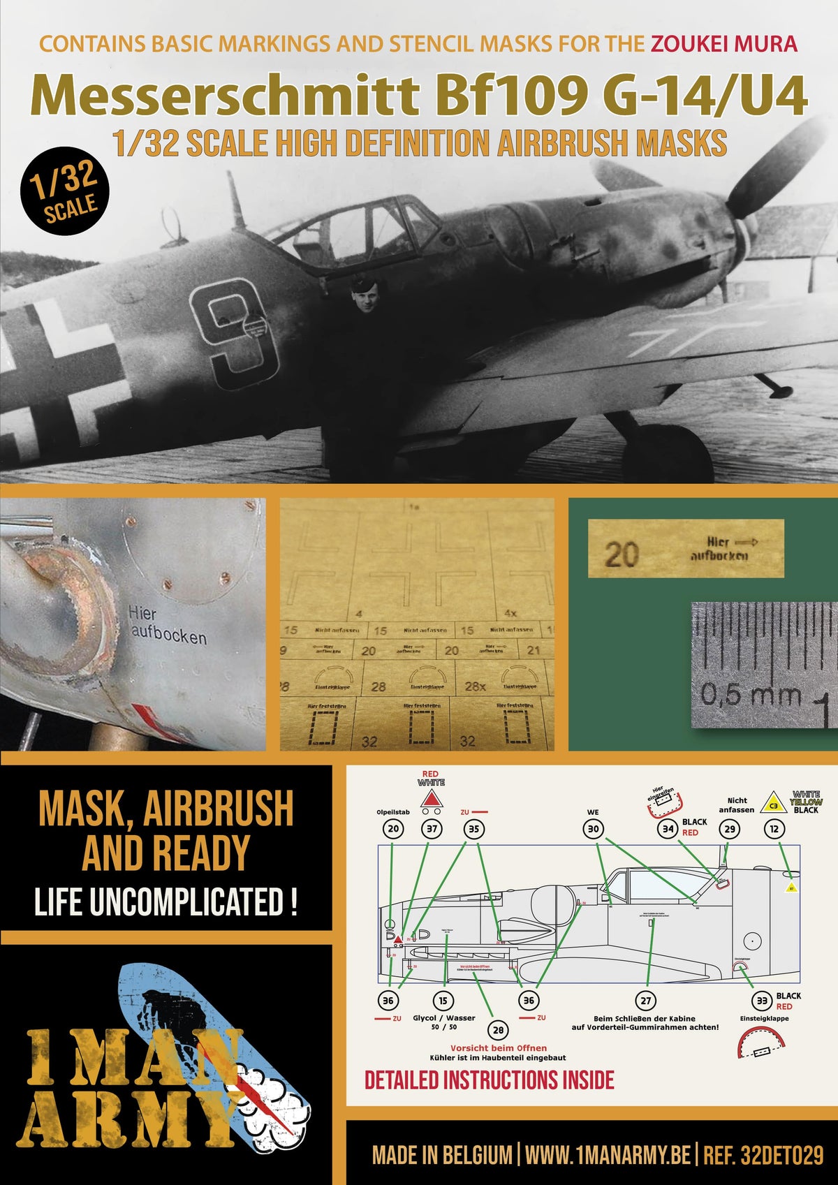 1ManArmy 32DET029 1:32 Messerschmitt Bf-109G-14/U4 High Definition Stencilling and National Insignia Paint Masks