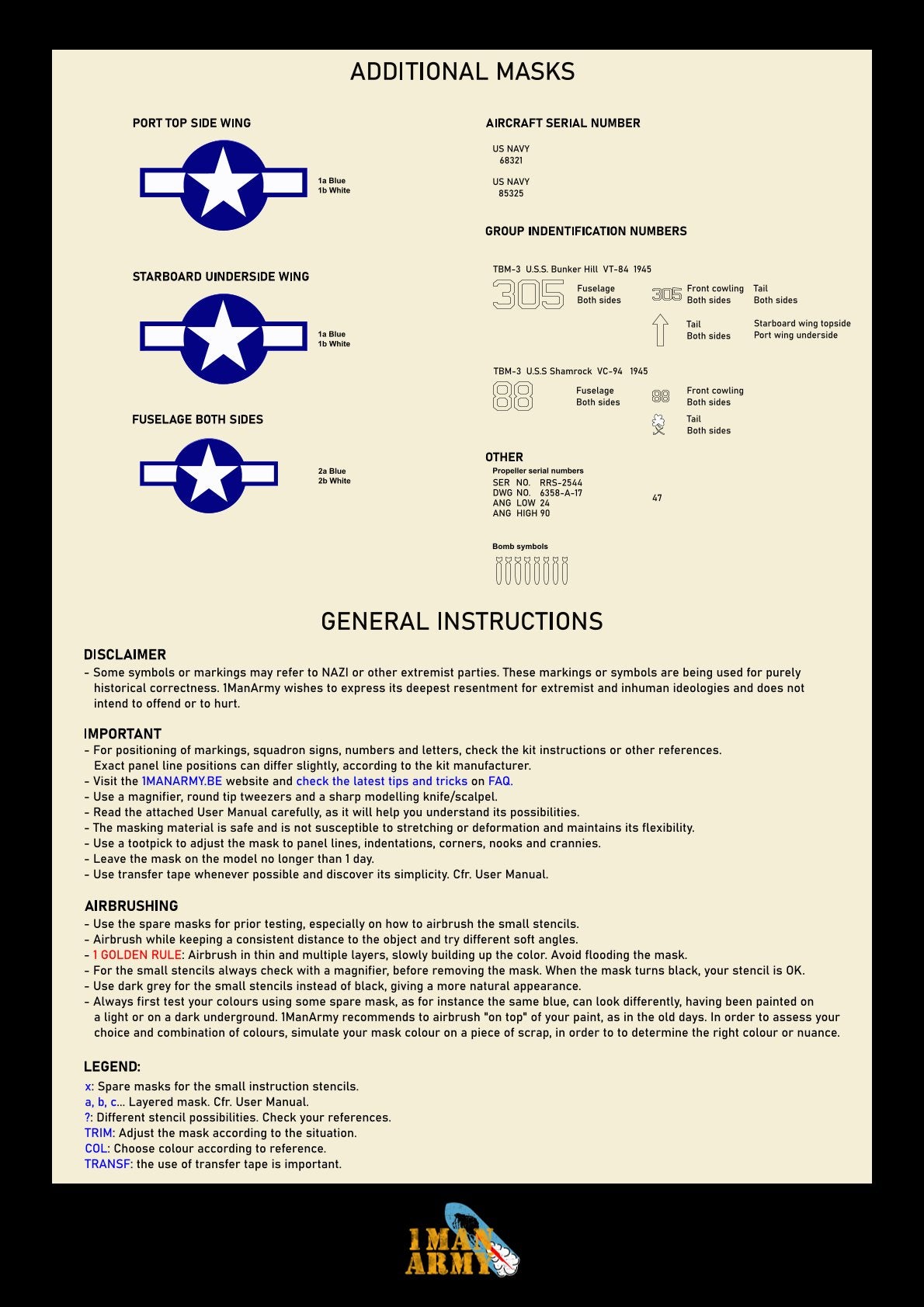 1ManArmy 32DET030 1:32 Grumman TBM-3 Avenger High Definition Stencilling & National Insignia Paint Masks