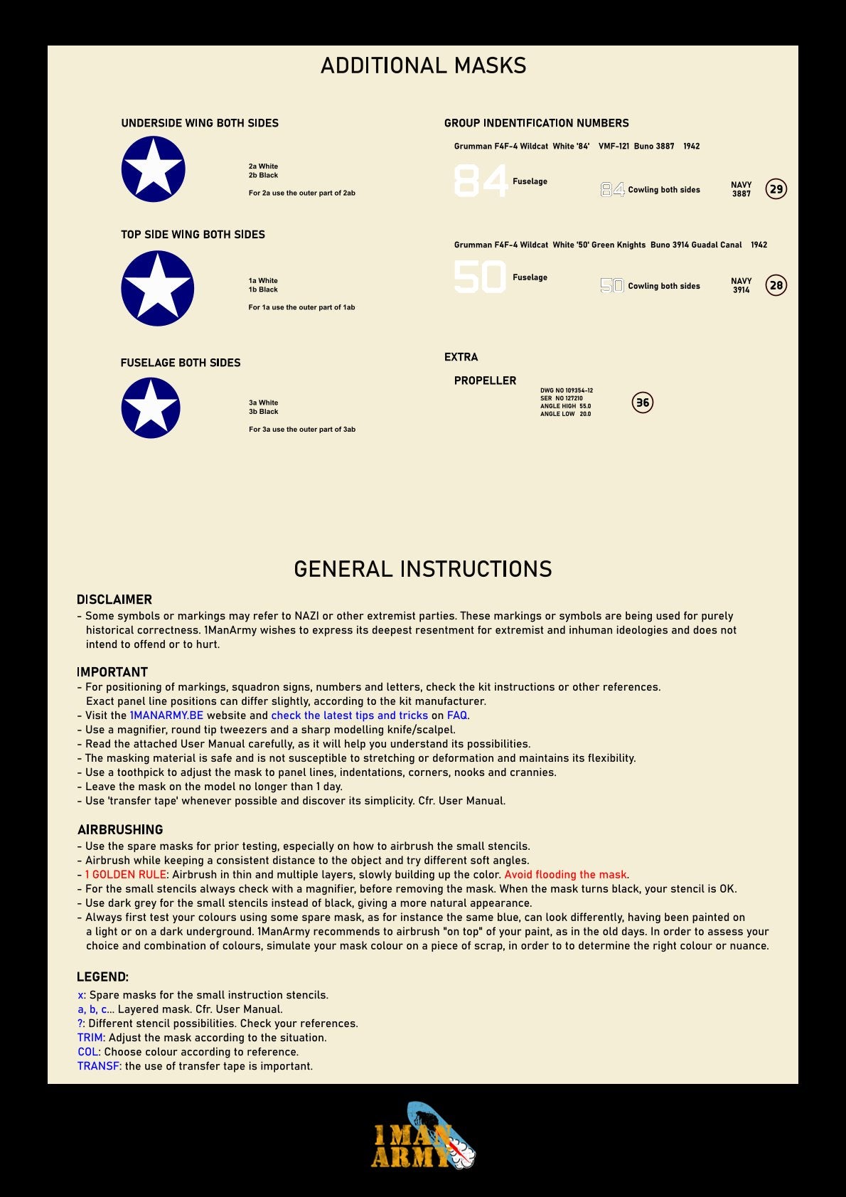 1ManArmy 32DET031 1:32 Grumman F4F-4 Wildcat High Definition Stencilling & National Insignia Paint Masks