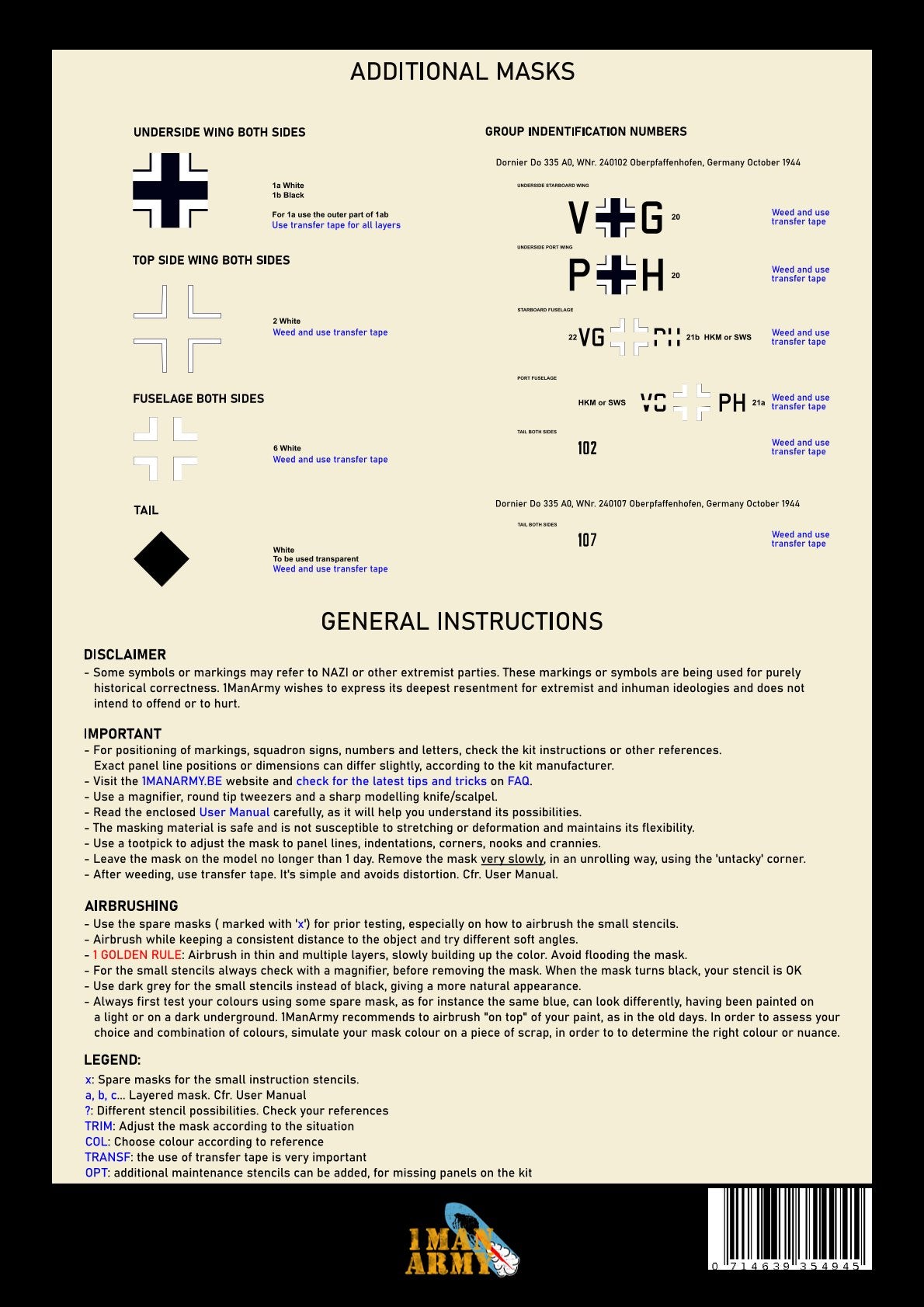 1ManArmy 32DET032 1:32 Dornier Do-335A 'Pfeil' High Definition Stencilling & National Insignia Paint Masks