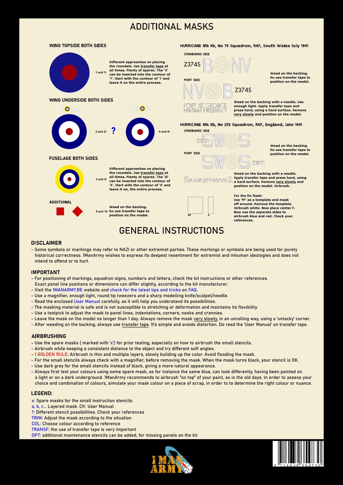 1ManArmy 32DET037 1:32 Hawker Hurricane Mk.IIb High Definition Stencilling & National Insignia Paint Masks