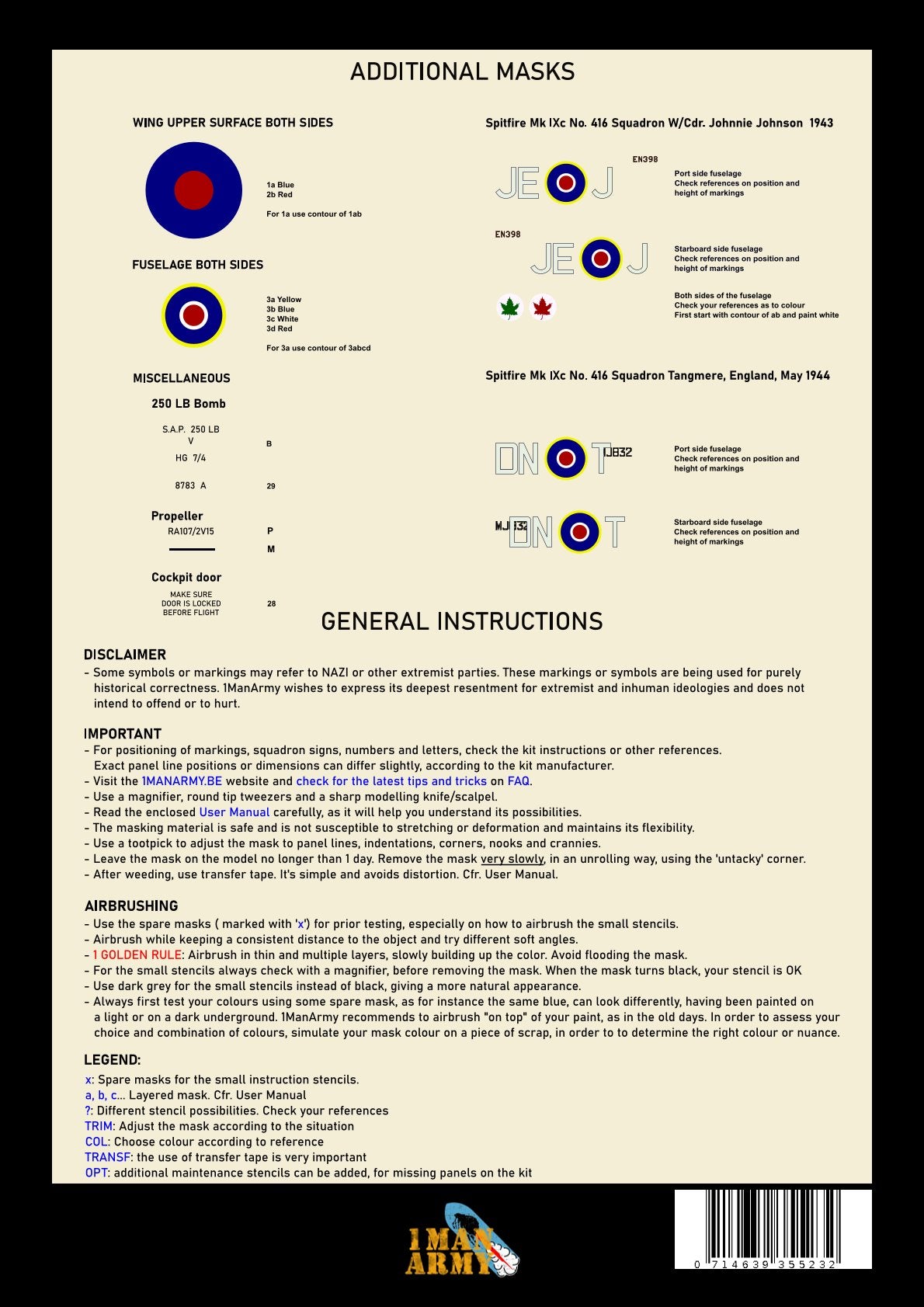 1ManArmy 32DET041 1:32 Supermarine Spitfire Mk.IXc High Definition Stencilling & National Insignia Paint Masks