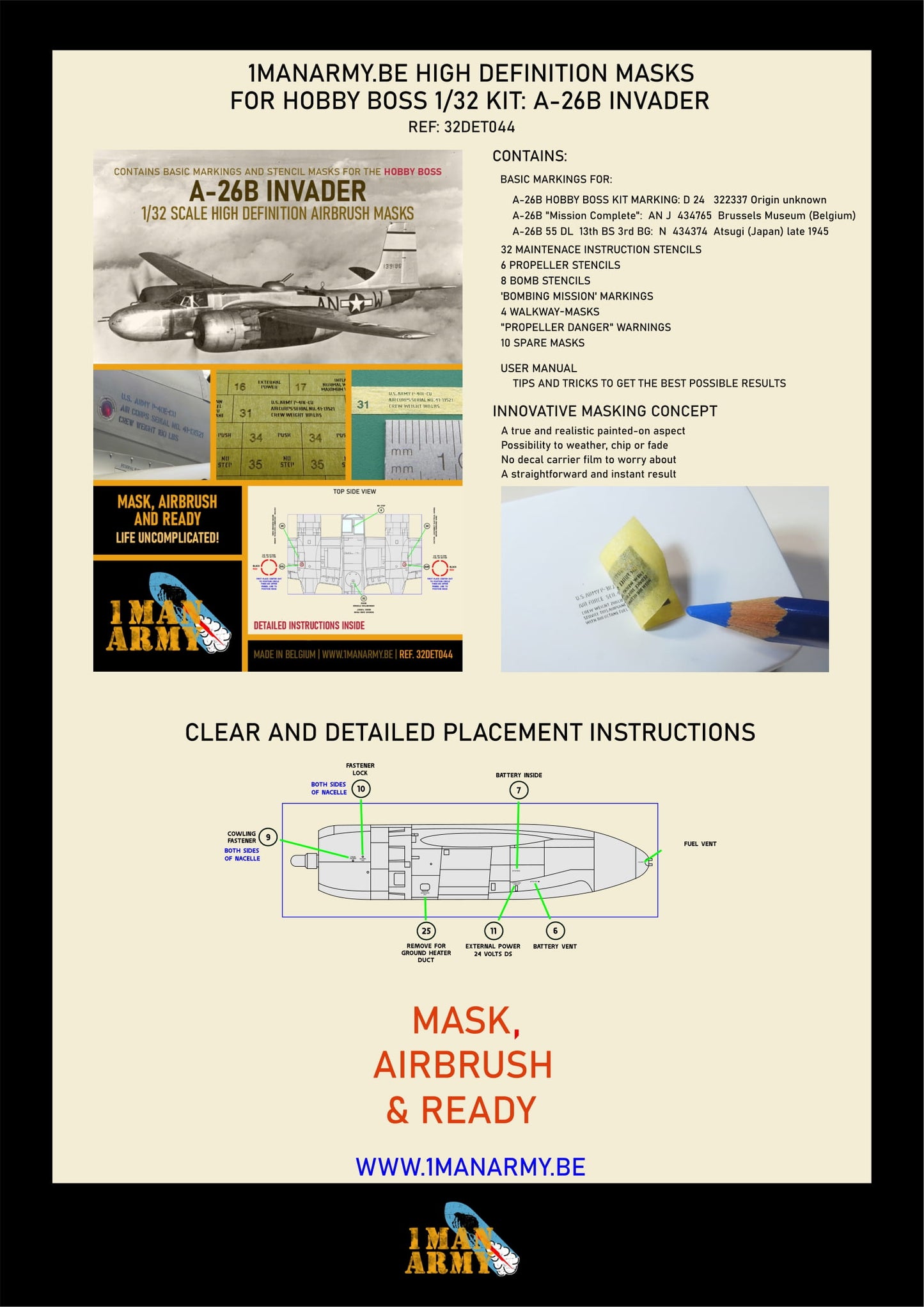 1ManArmy 32DET044 1:32 Douglas A-26B Invader High Definition Stencilling & National Insignia Paint Masks