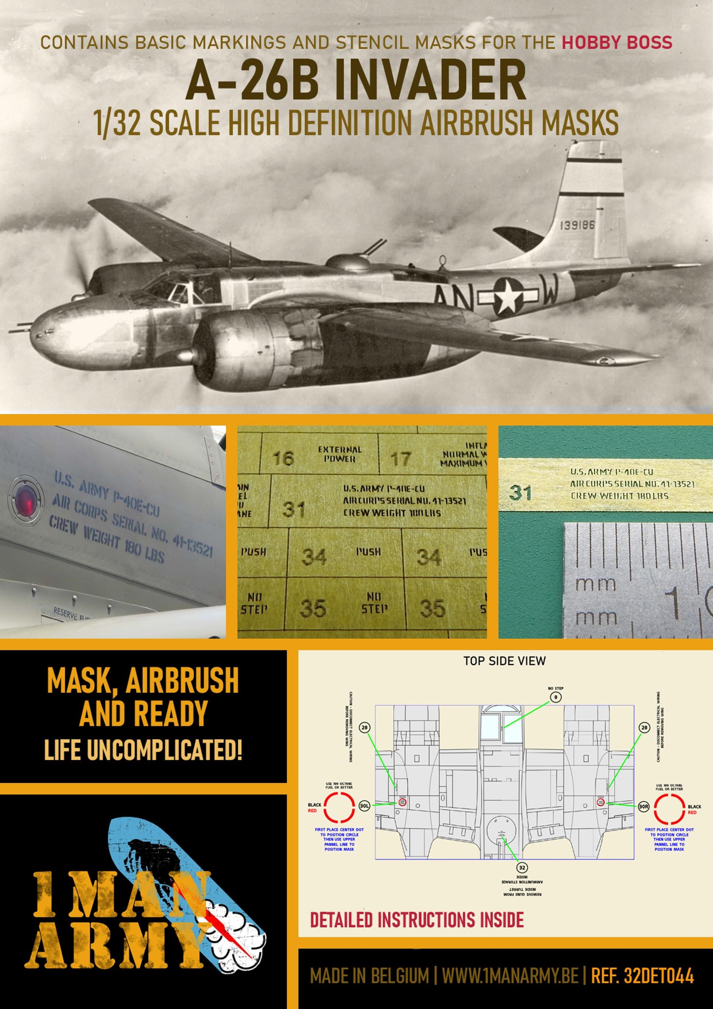 1ManArmy 32DET044 1:32 Douglas A-26B Invader High Definition Stencilling & National Insignia Paint Masks