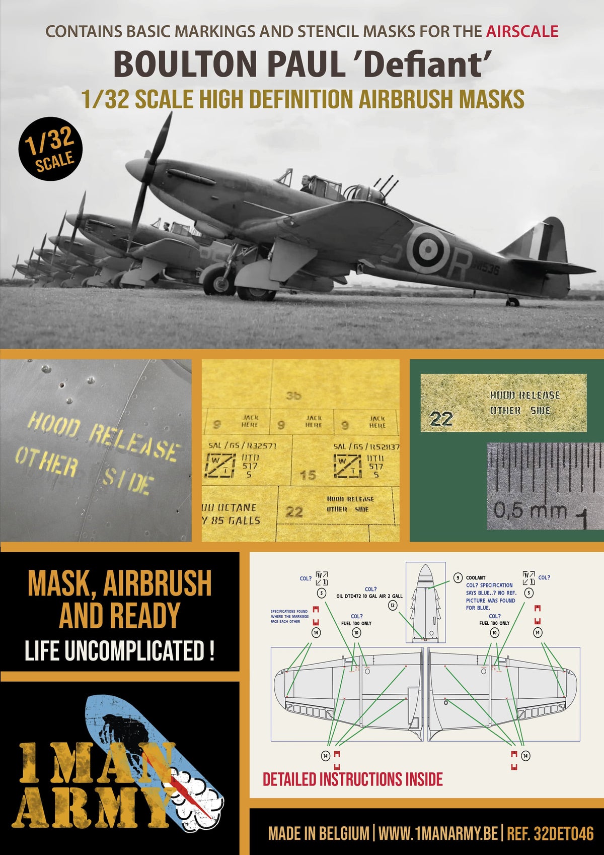 1ManArmy 32DET046 1:32 Boulton_Paul Defiant High Definition Stencilling and National Insignia Paint Masks