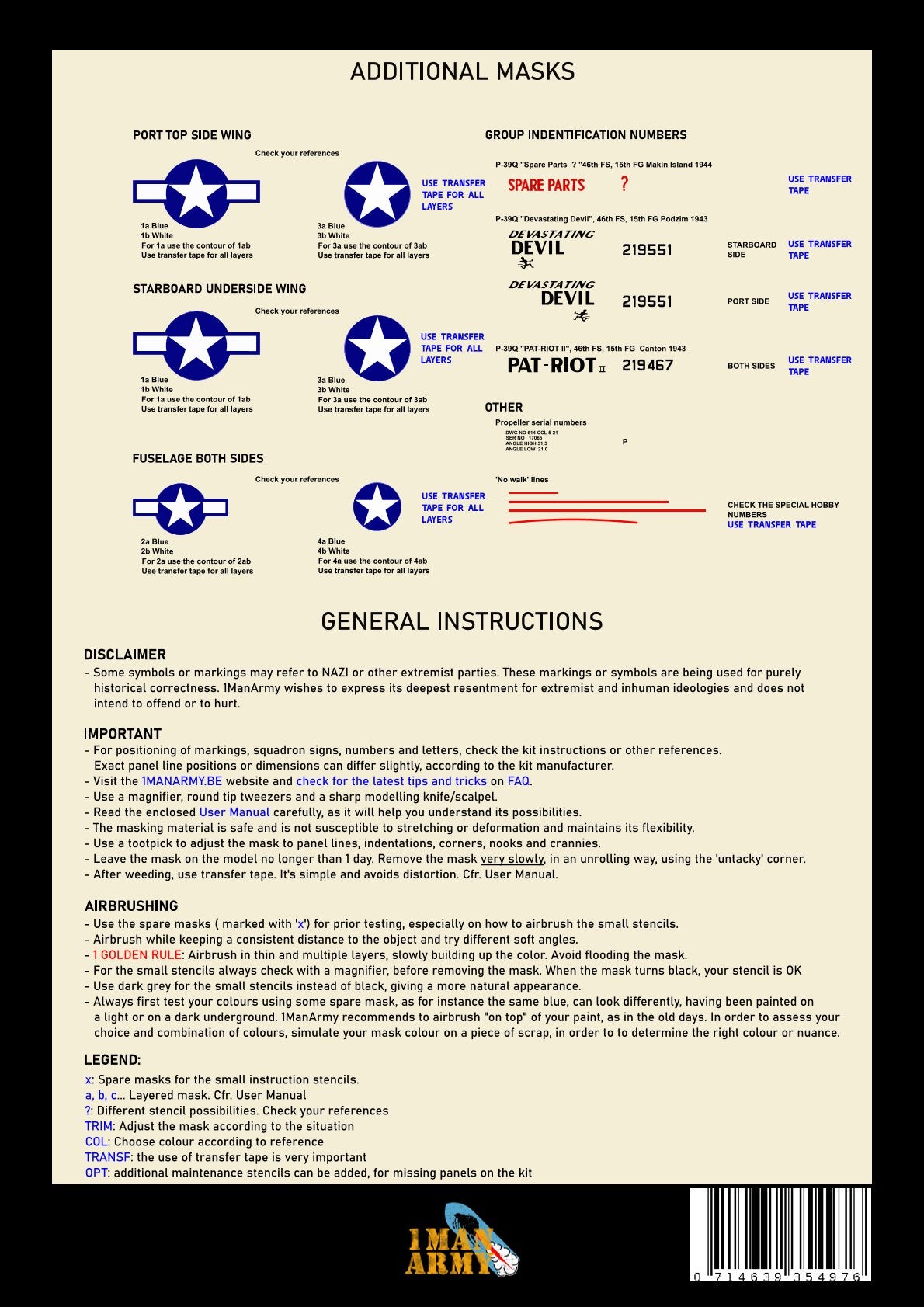 1ManArmy 32DET047 1:32 Bell P-39Q 'Makin Airacobras' High Definition Stencilling & National Insignia Paint Masks