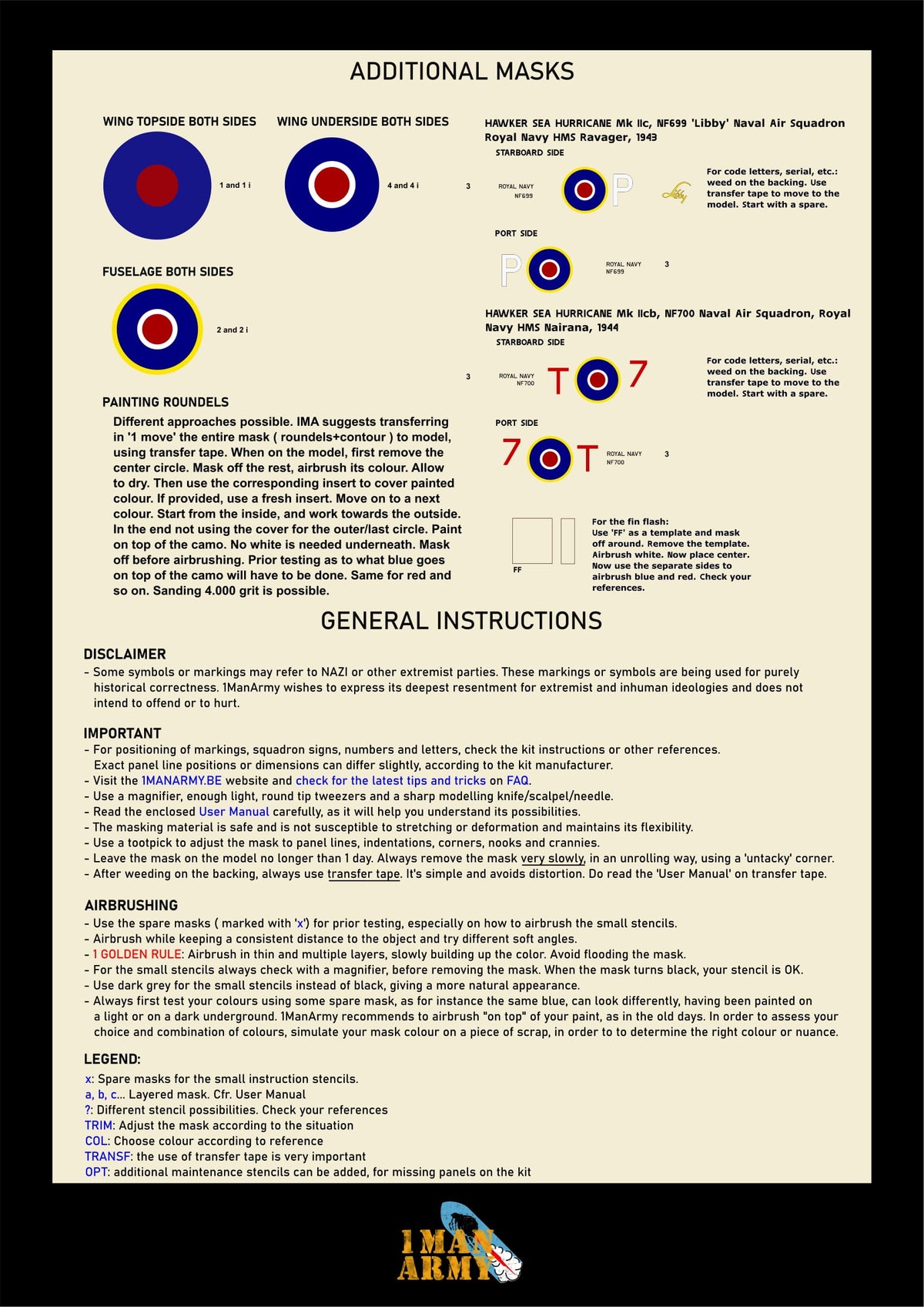1ManArmy 32DET048 1:32 Hawker Sea Hurricane Mk IIC High Definition Stencilling and Basic National Insignia Paint Masks