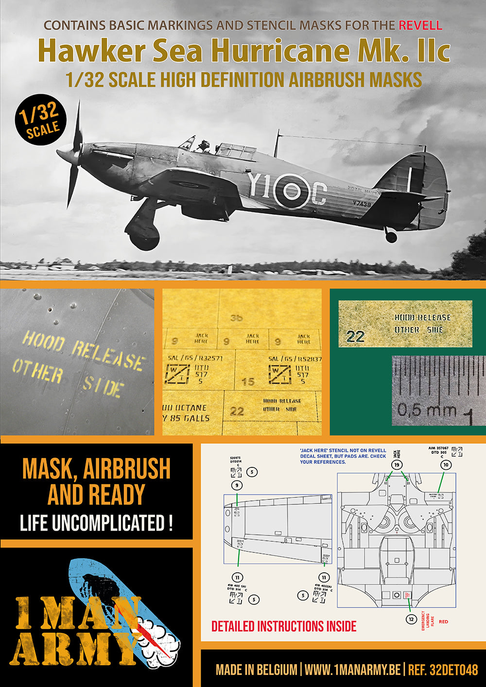 1ManArmy 32DET048 1:32 Hawker Sea Hurricane Mk IIC High Definition Stencilling and Basic National Insignia Paint Masks